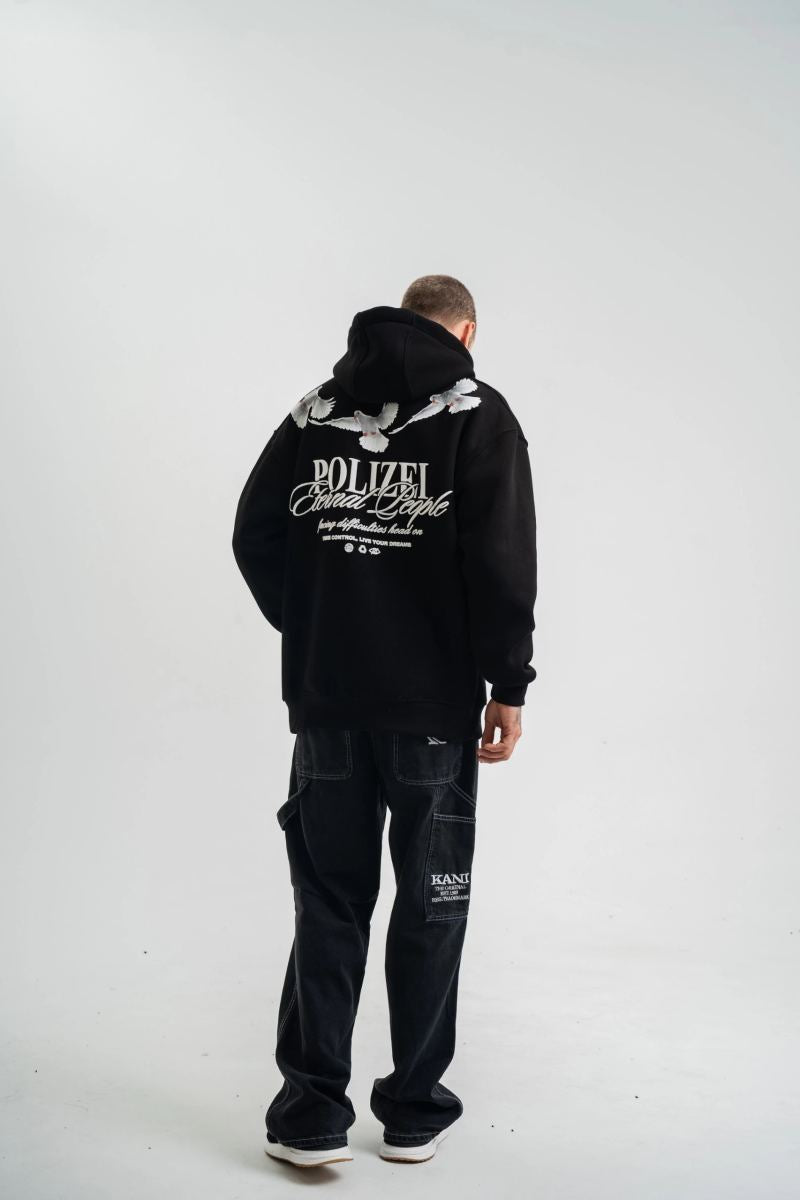 Erkek 3 İplik Pamuklu Kapüşonlu Baskılı Cepli Oversize Sweatshirt Hoodie - Siyah