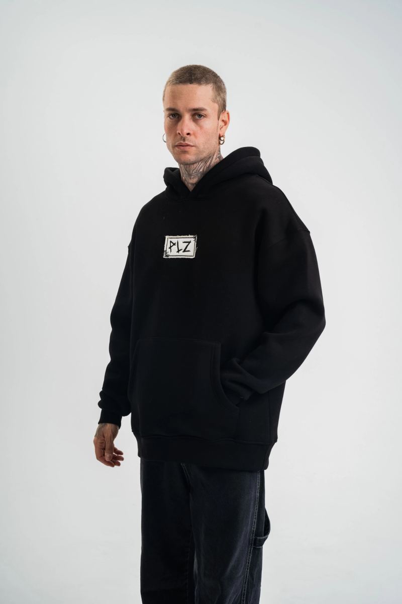 ERKEK 3 İplik Pamuklu Kapüşonlu Patchli Nakışlı Hoodie SweatShirt - Siyah