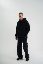 Erkek 3 İplik Pamuklu Oversize Kapüşonlu Nakışlı Hoodie SweatShirt - Siyah
