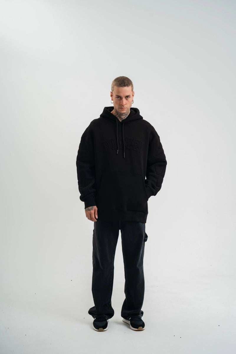 Erkek 3 İplik Pamuklu Oversize Kapüşonlu Nakışlı Hoodie SweatShirt - Siyah