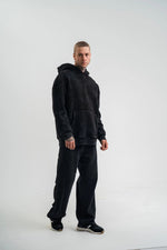 ERKEK 3 iplik Pamuklu Kapüşonlu Yıkamalı Nakışlı Hoodie SweatShirt - Siyah