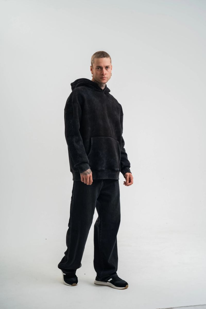 ERKEK 3 iplik Pamuklu Kapüşonlu Yıkamalı Nakışlı Hoodie SweatShirt - Siyah