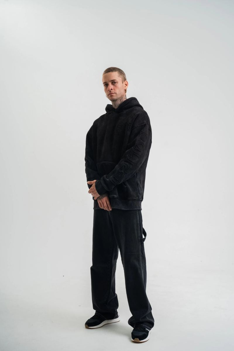 ERKEK 3 iplik Pamuklu Kapüşonlu Yıkamalı Nakışlı Hoodie SweatShirt - Siyah