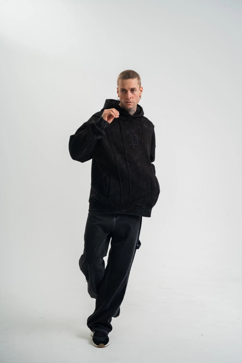ERKEK 3 iplik Pamuklu Kapüşonlu Yıkamalı Nakışlı Hoodie SweatShirt - Siyah