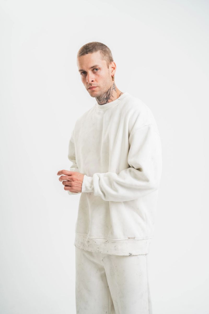 ERKEK 3 İplik Pamuklu Bisiklet Yaka Yıkamalı SweatShirt - Beyaz