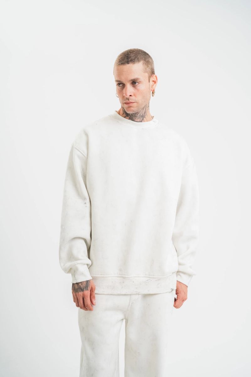 ERKEK 3 İplik Pamuklu Bisiklet Yaka Yıkamalı SweatShirt - Beyaz