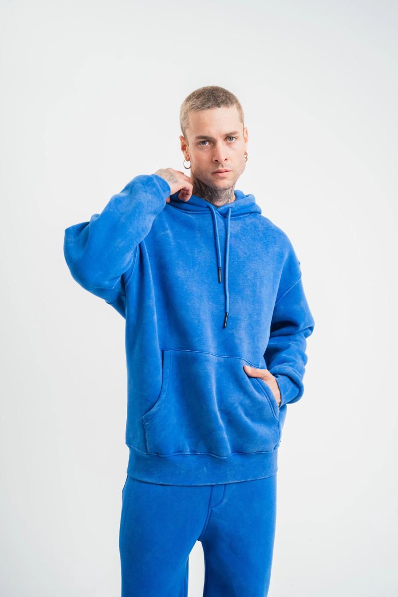 ERKEK 3 İplik Pamuklu Oversize Kapüşonlu Yıkamalı Hoodie SweatShirt - Mavi