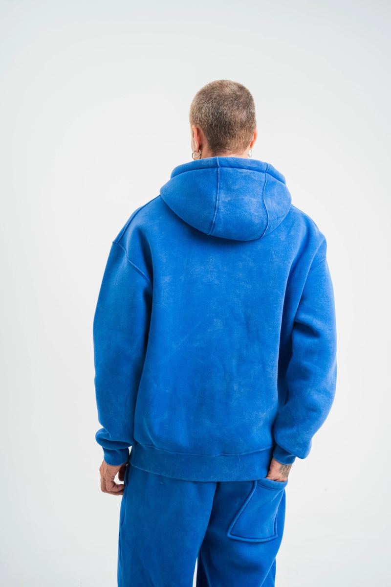 ERKEK 3 İplik Pamuklu Oversize Kapüşonlu Yıkamalı Hoodie SweatShirt - Mavi