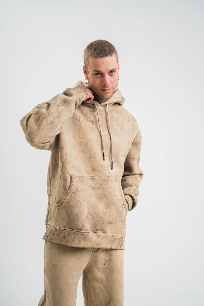 ERKEK 3 iplik Pamuklu Oversize Kapüşonlu Yıkamalı Hoodie SweatShirt - Bej