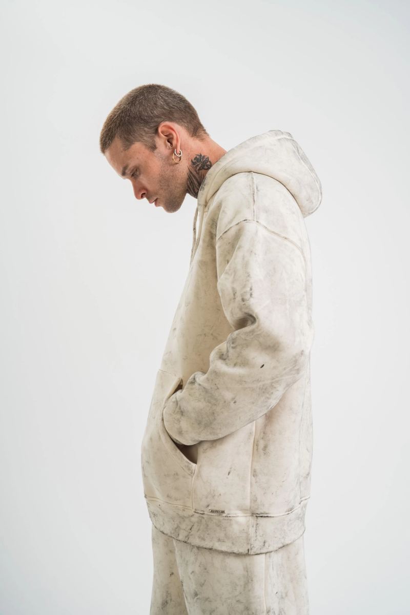 ERKEK  3 iplik Pamuklu Oversize Kapşonlu Yıkamalı SweatShirt Hoodie - Krem