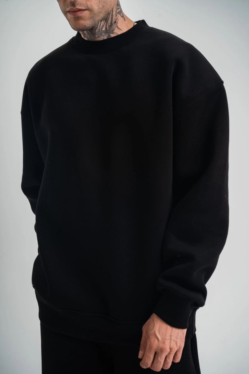 Erkek Uzun Kol Bisiklet Yaka 3 iplik Pamuklu Kışlık SweatShirt - Siyah