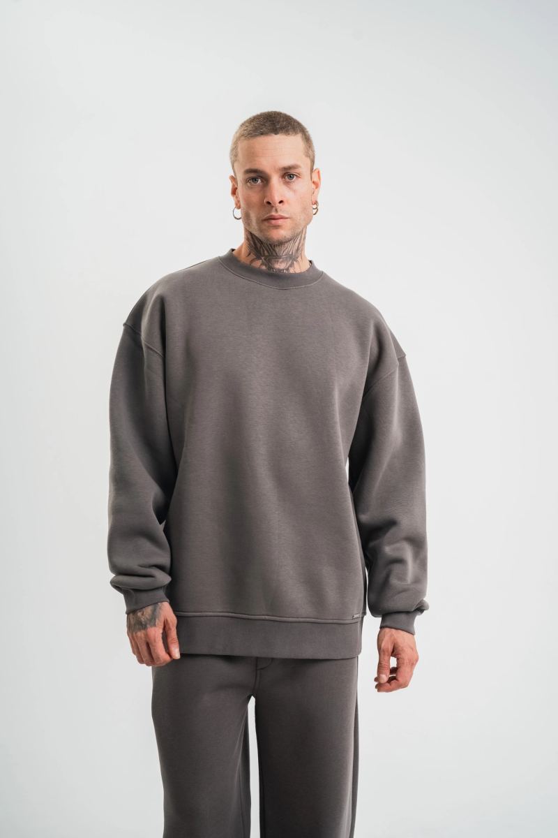 Erkek Uzun Kol Bisiklet Yaka 3 iplik Pamuklu Kışlık SweatShirt  - Füme