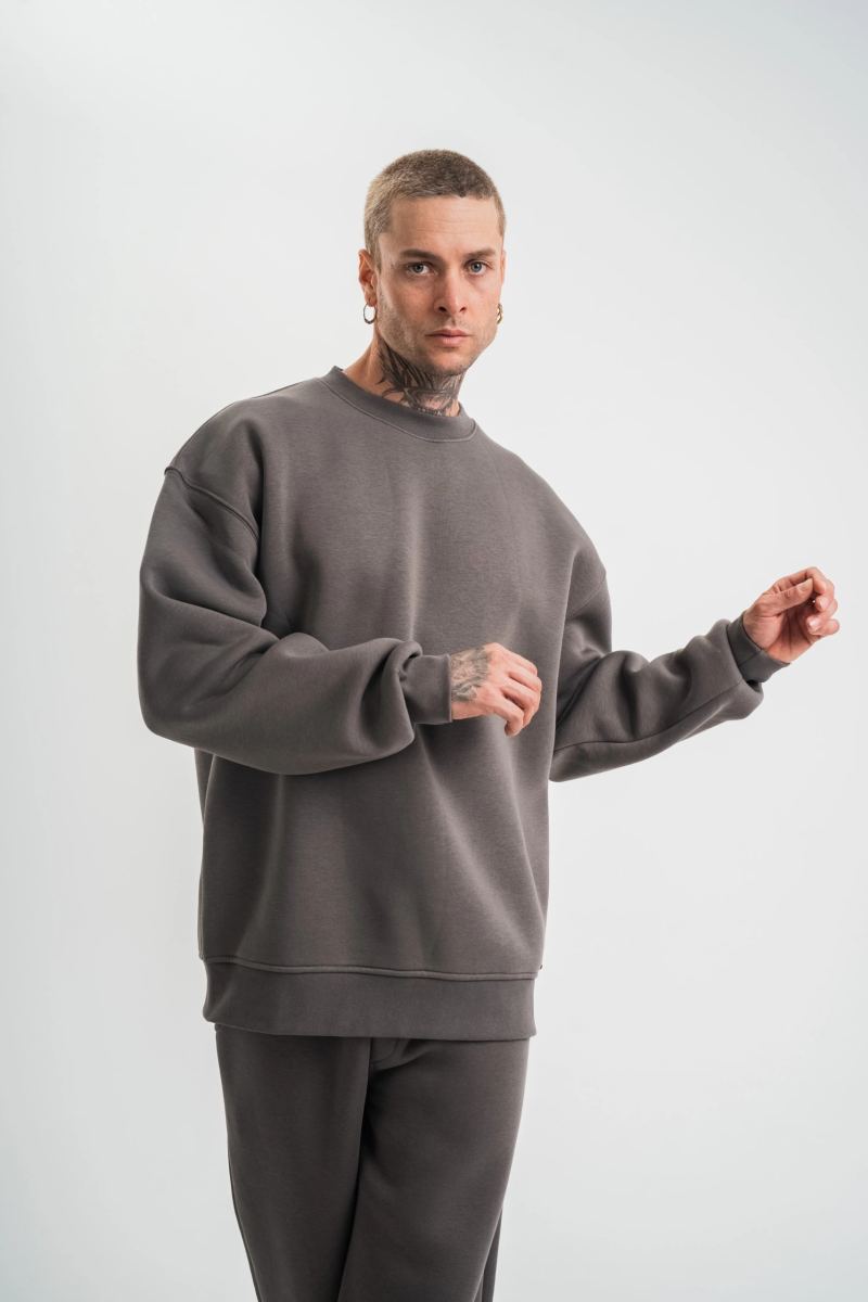 Erkek Uzun Kol Bisiklet Yaka 3 iplik Pamuklu Kışlık SweatShirt  - Füme