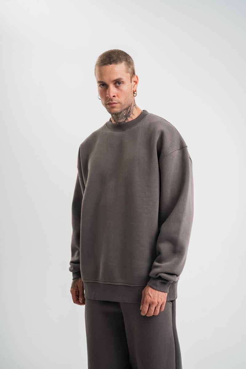 Erkek Uzun Kol Bisiklet Yaka 3 iplik Pamuklu Kışlık SweatShirt  - Füme