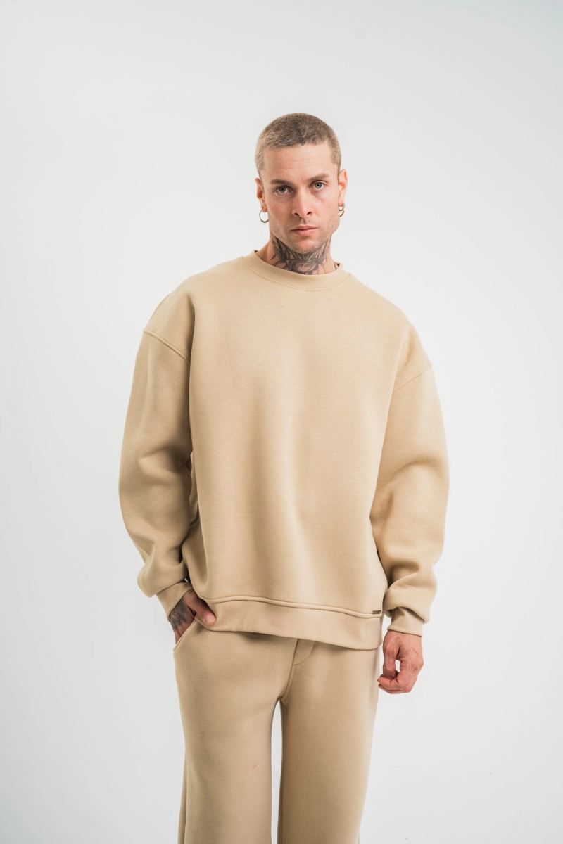 Erkek Uzun Kol Bisiklet Yaka 3 iplik Pamuklu Kışlık SweatShirt  - Bej