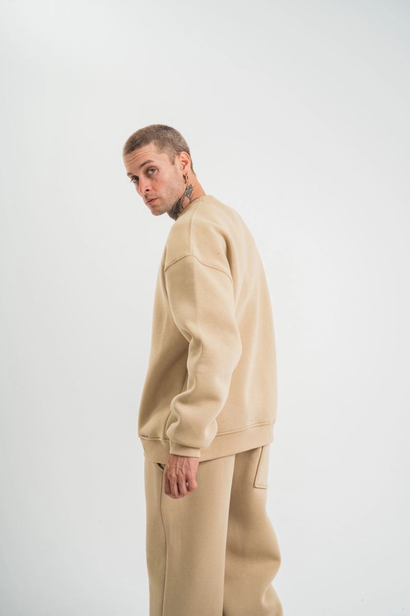 Erkek Uzun Kol Bisiklet Yaka 3 iplik Pamuklu Kışlık SweatShirt  - Bej
