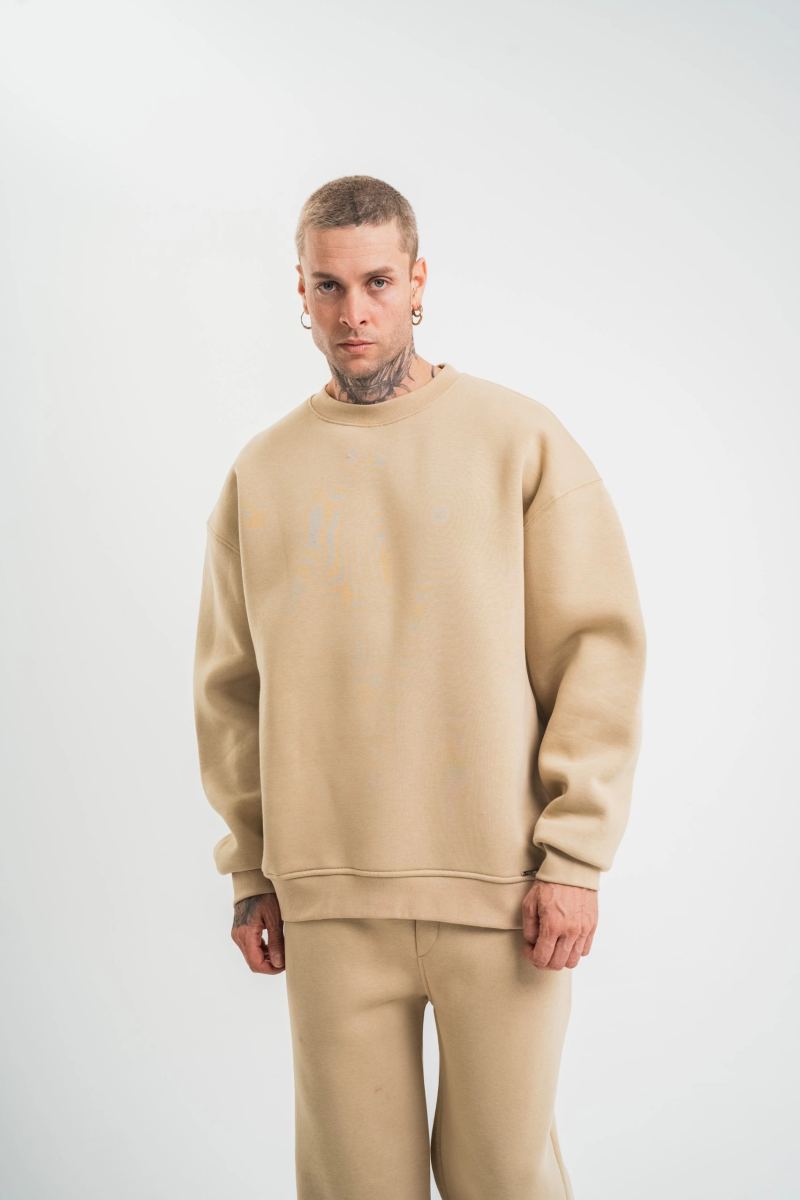 Erkek Uzun Kol Bisiklet Yaka 3 iplik Pamuklu Kışlık SweatShirt  - Bej
