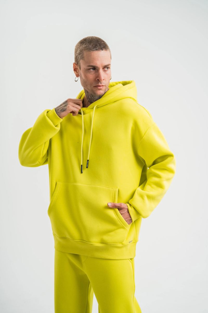 ERKEK 3 İplik Pamuklu Oversize Kapşonlu SweatShirt Hoodie - Sarı