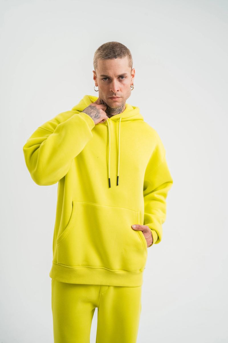 ERKEK 3 İplik Pamuklu Oversize Kapşonlu SweatShirt Hoodie - Sarı
