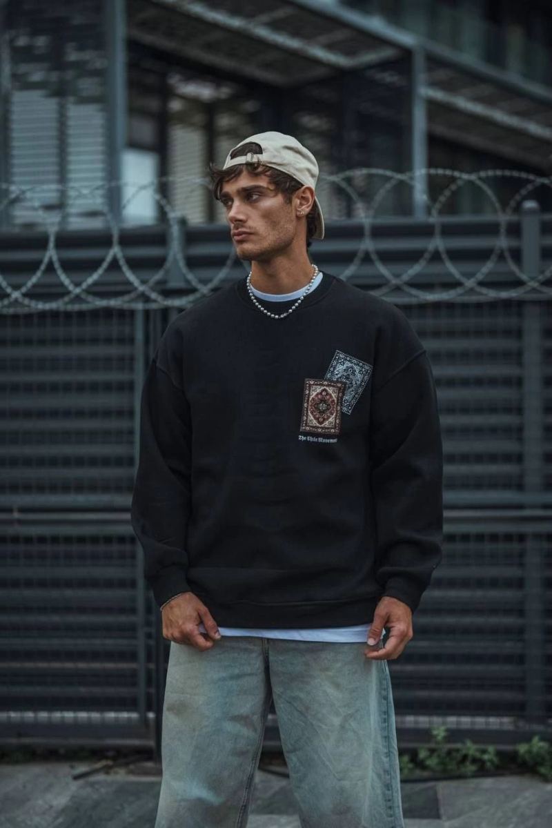 Erkek 3 iplik Pamuklu Bisiklet Yaka Baskılı SweatShirt - Siyah