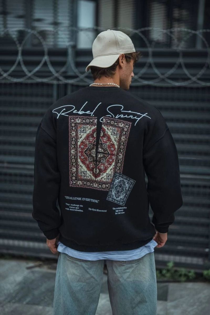 Erkek 3 iplik Pamuklu Bisiklet Yaka Baskılı SweatShirt - Siyah