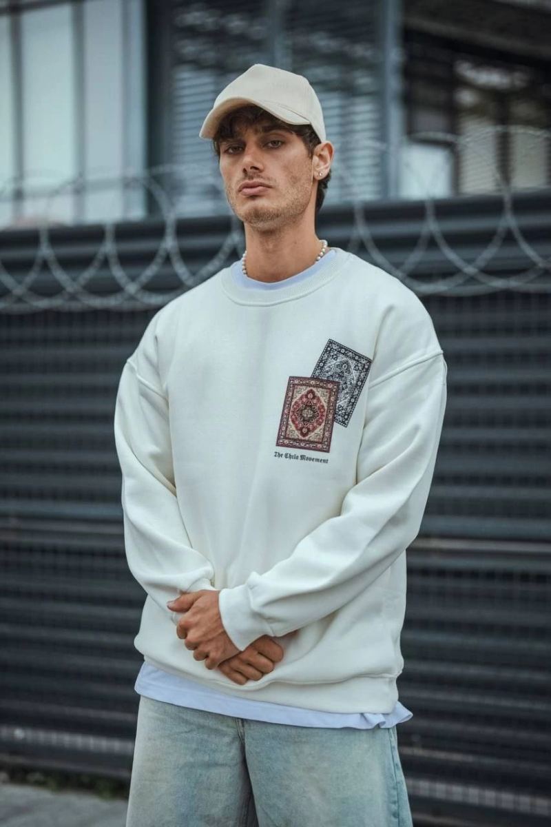 Erkek 3 iplik pamuklu Bisiklet Yaka Baskılı SweatShirt - Beyaz