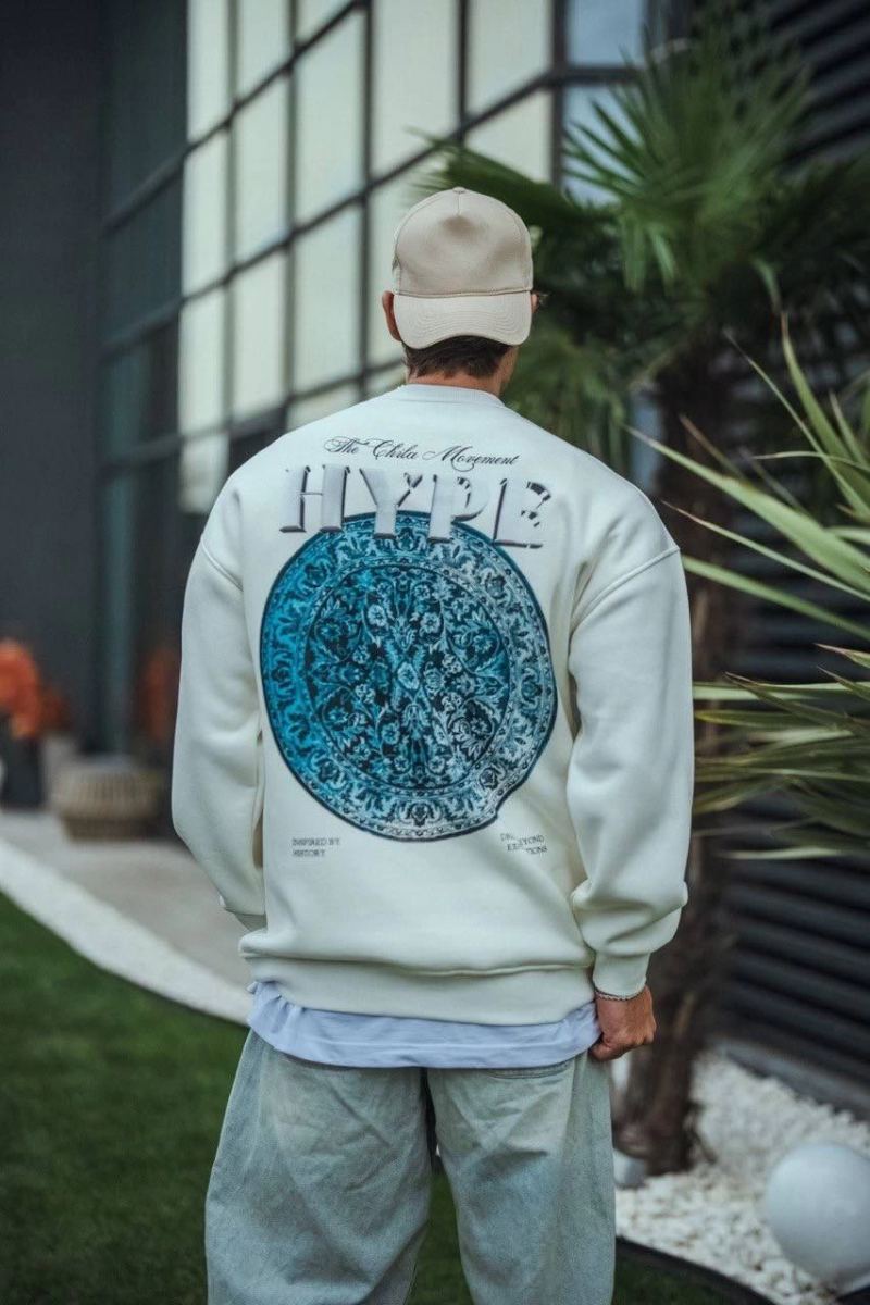 Erkek 3 İplik Pamuklu Bisiklet Yaka Baskılı SweatShirt - Beyaz