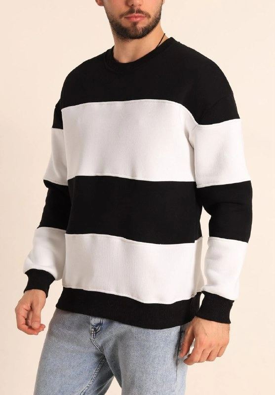 Erkek 3 iplik pamuklu Parçalı Bisiklet Yaka SweatShirt - Siyah