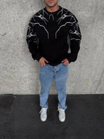 Erkek 3 iplik pamuklu Yıldırım Baskılı Bisiklet Yaka SweatShirt - Siyah