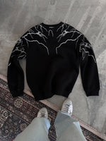 Erkek 3 iplik pamuklu Yıldırım Baskılı Bisiklet Yaka SweatShirt - Siyah