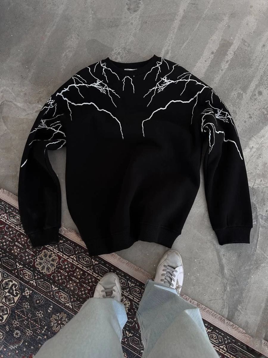 Erkek 3 iplik pamuklu Yıldırım Baskılı Bisiklet Yaka SweatShirt - Siyah
