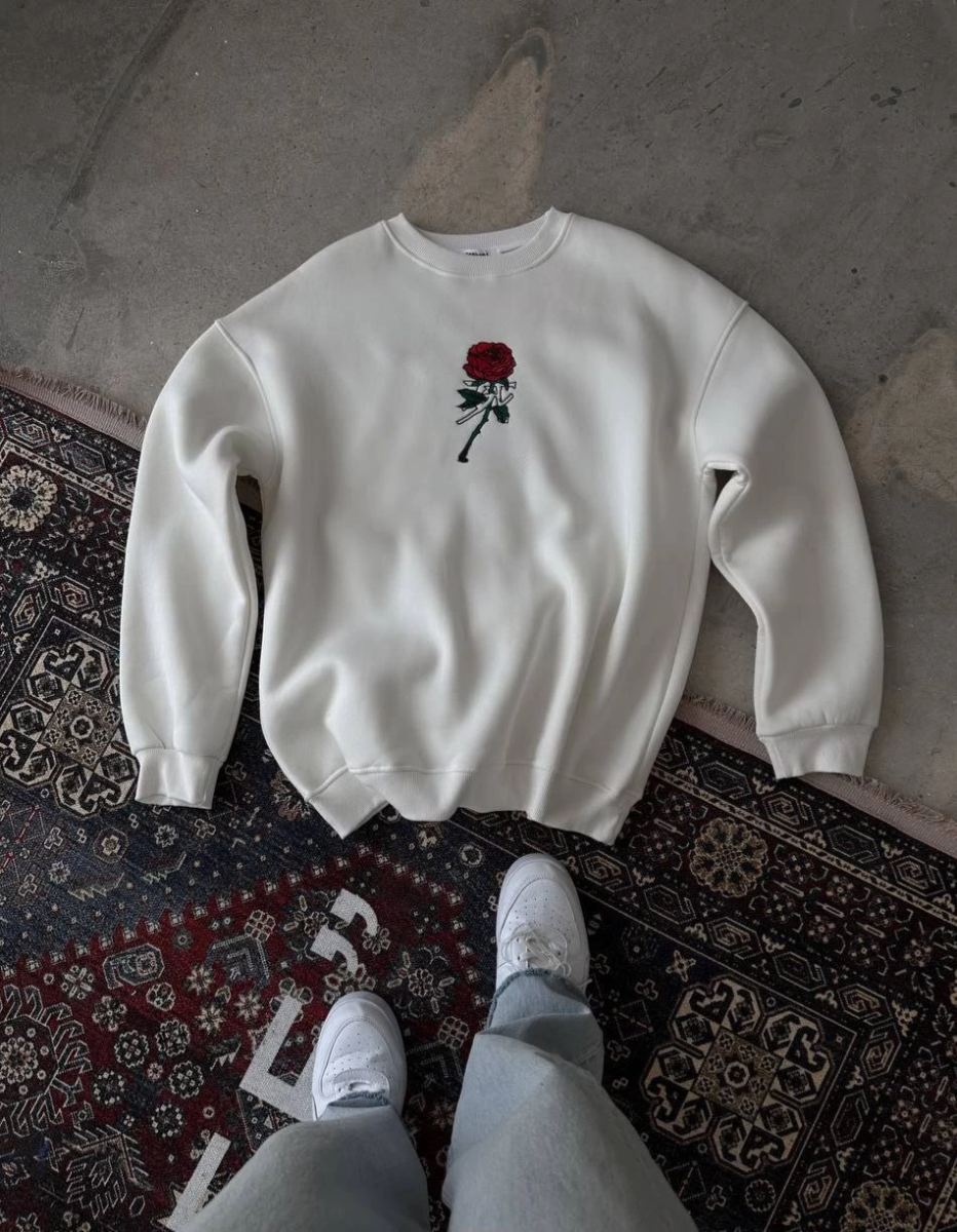 ERKEK 3 iplik Pamuklu Bisiklet Yaka Ön Ve Arka Baskılı SweatShirt -  Beyaz
