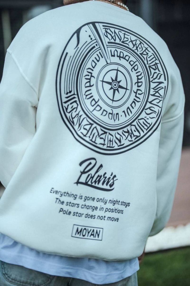 Erkek 3 iplik pamuklu Bisiklet Yaka Ön Ve Arka Baskılı SweatShirt - Beyaz