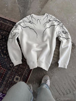 Kadın 3 iplik pamuklu Yıldırım Baskılı Bisiklet Yaka SweatShirt - Beyaz