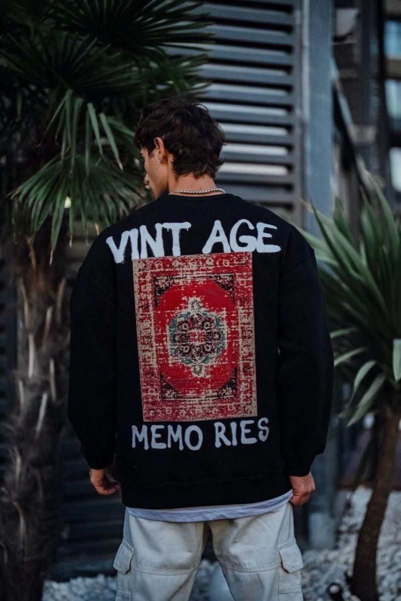 Erkek Bisiklet Yaka 3 İplik Pamuklu Baskılı SweatShirt - Siyah