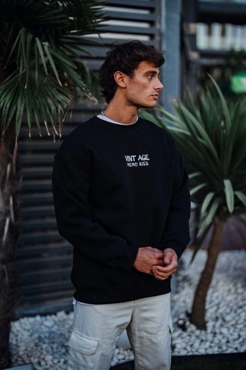 Erkek Bisiklet Yaka 3 İplik Pamuklu Baskılı SweatShirt - Siyah