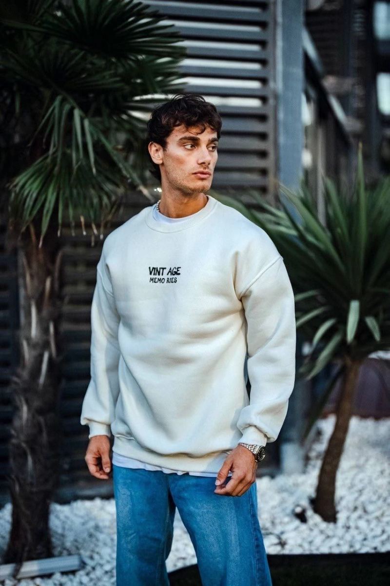 Erkek Bisiklet Yaka 3 İplik pamuklu Baskılı SweatShirt - Beyaz