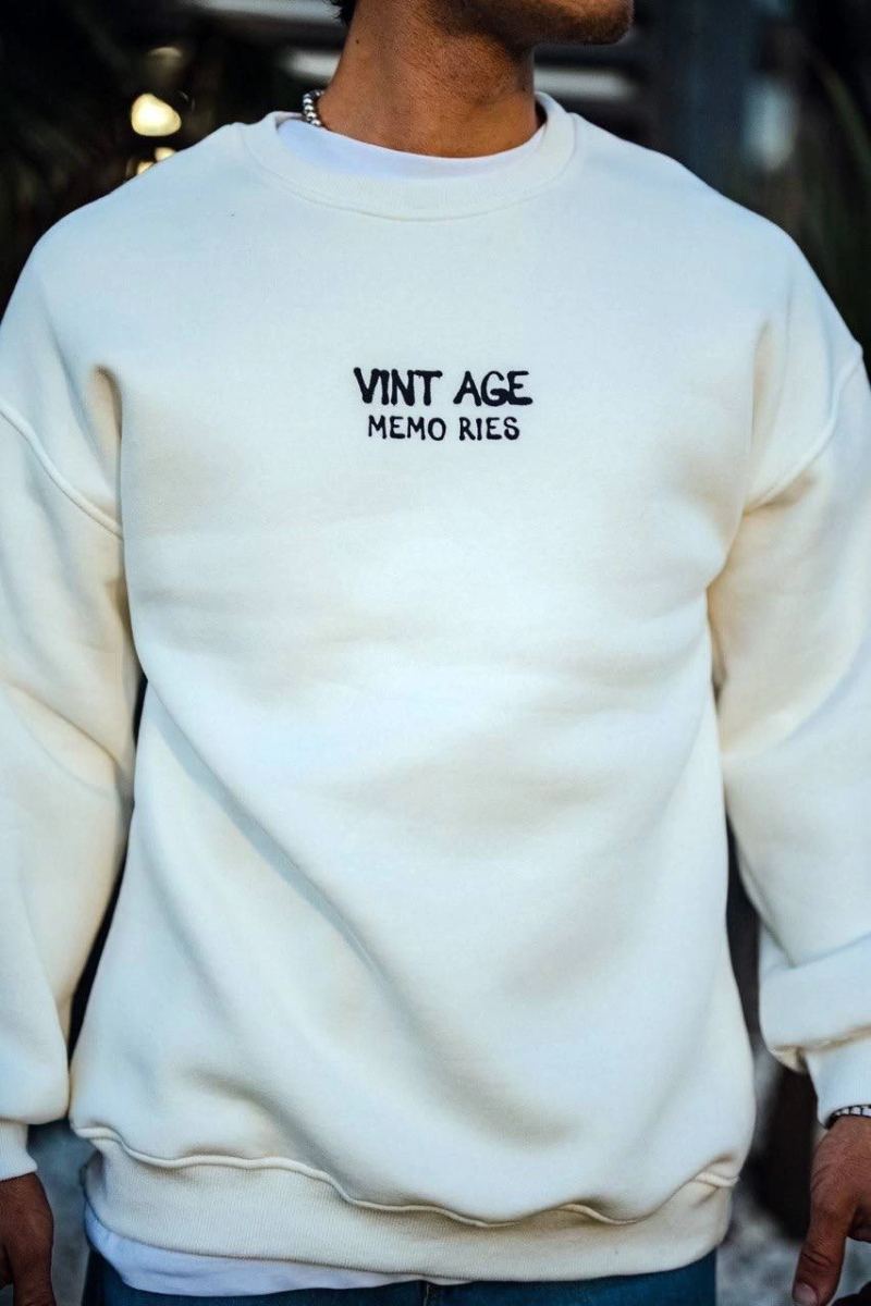 Erkek Bisiklet Yaka 3 İplik pamuklu Baskılı SweatShirt - Beyaz
