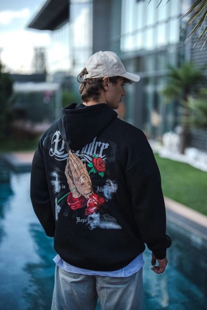Erkek 3 İplik Pamuklu Kapüşonlu Baskılı Cepli Oversize Sweatshirt Hoodie - Siyah