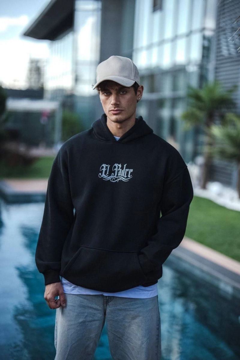Erkek 3 İplik Pamuklu Kapüşonlu Baskılı Cepli Oversize Sweatshirt Hoodie - Siyah