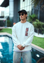 Erkek 3 iplik pamuklu Bisiklet Yaka Ön ve Arka Baskılı SweatShirt - Beyaz