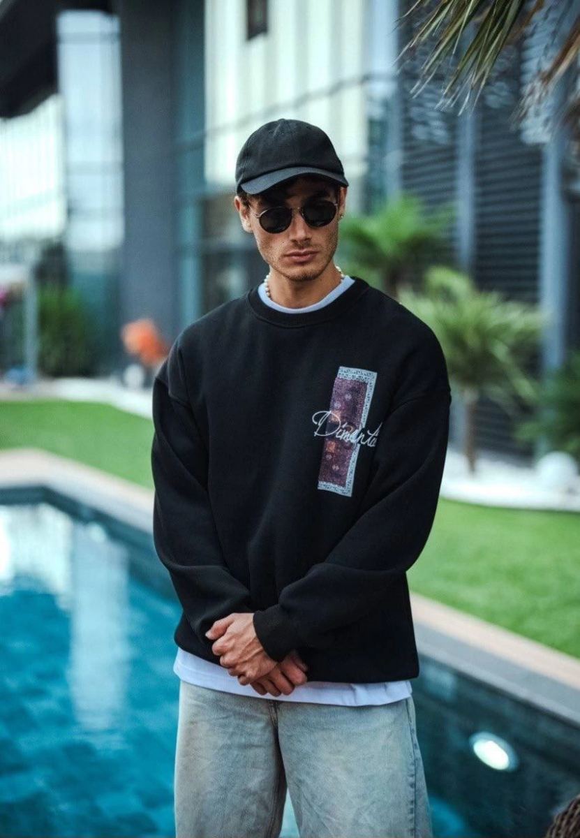 Erkek 3 iplik pamuklu Bisiklet Yaka Ön ve Arka Baskılı SweatShirt - Siyah