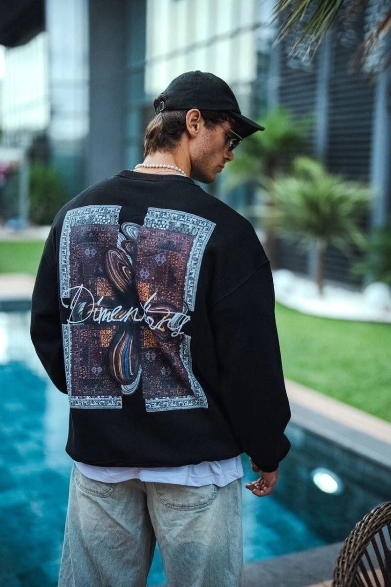 Erkek 3 iplik pamuklu Bisiklet Yaka Ön ve Arka Baskılı SweatShirt - Siyah