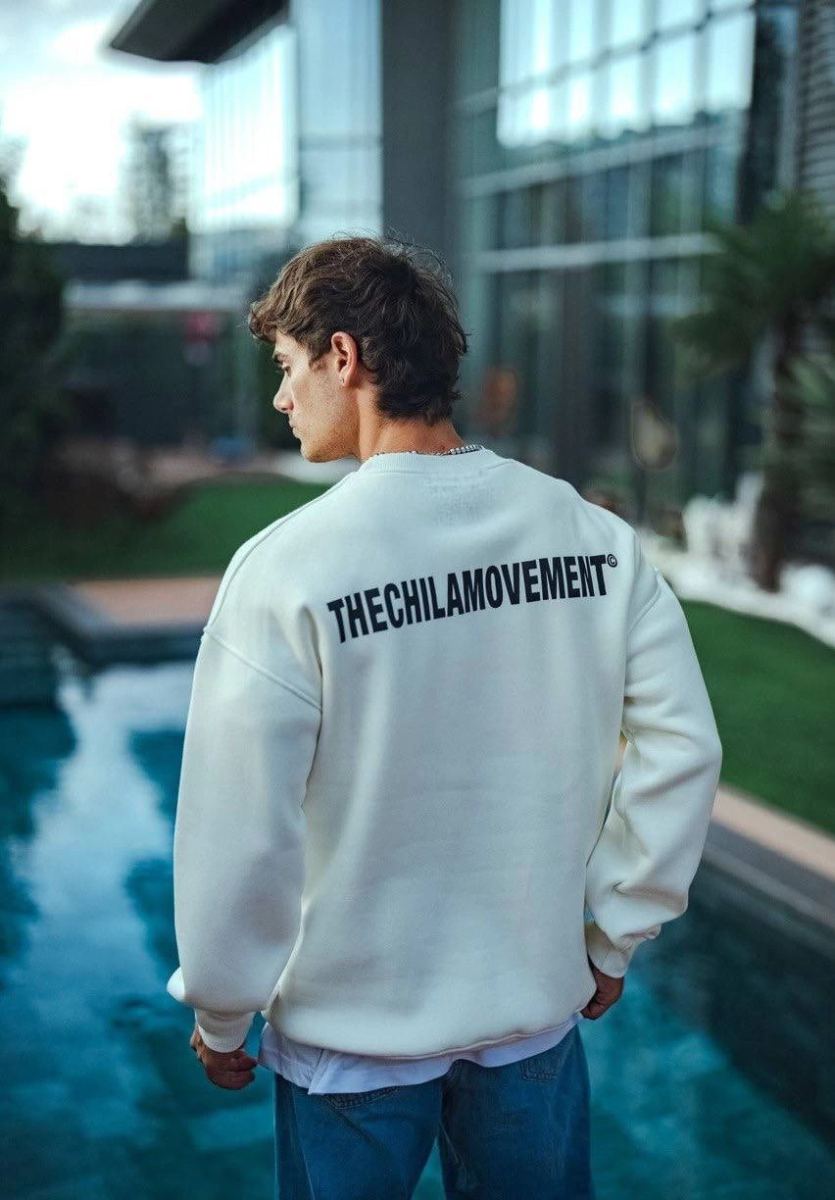 Erkek 3 iplik pamuklu Bisiklet Yaka Baskılı SweatShirt - Beyaz