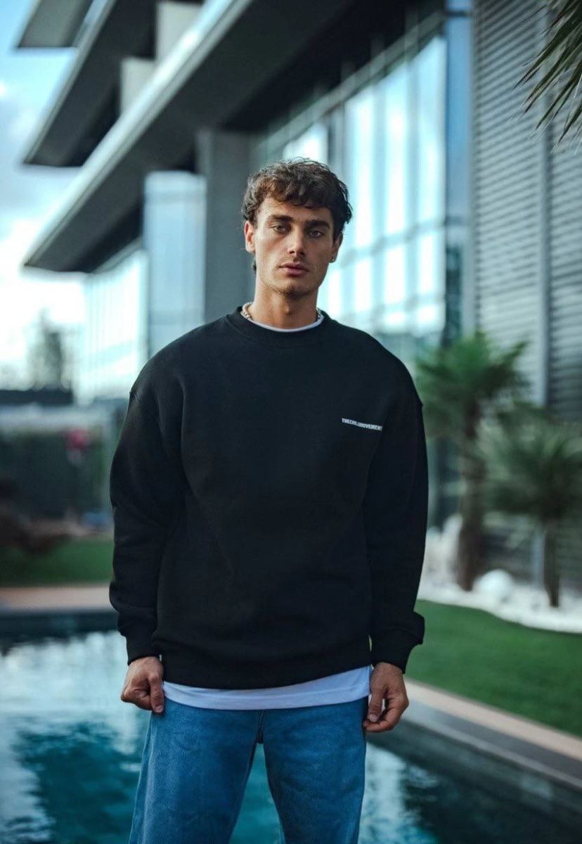 Erkek 3 iplik Pamuklu Bisiklet Yaka Oversize Baskılı SweatShirt - Siyah