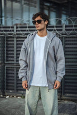 Erkek Tam Fermuarlı Cepli Kapüşonlu 3 iplik pamuklu hoodie Sweatshirt - Gri