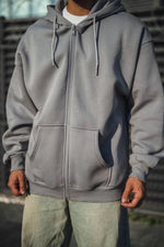 Erkek Tam Fermuarlı Cepli Kapüşonlu 3 iplik pamuklu hoodie Sweatshirt - Gri