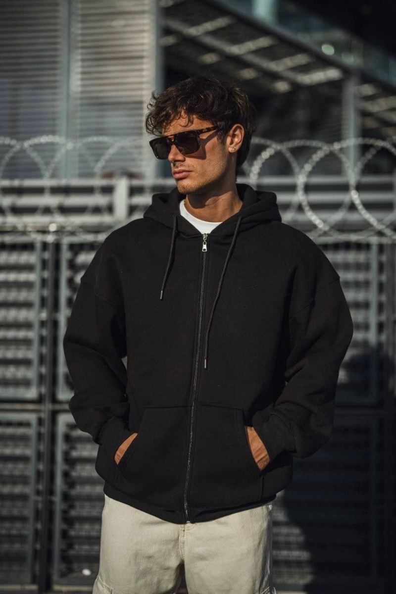 Erkek Tam Fermuarlı Cepli Kapüşonlu 3 iplik pamuklu hoodie Sweatshirt - Siyah