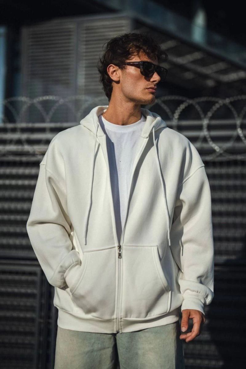 Erkek Tam Fermuarlı Cepli Kapüşonlu 3 iplik pamuklu hoodie Sweatshirt - Beyaz