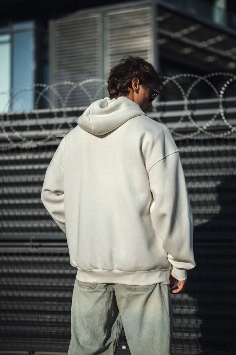 Erkek Tam Fermuarlı Cepli Kapüşonlu 3 iplik pamuklu hoodie Sweatshirt - Beyaz
